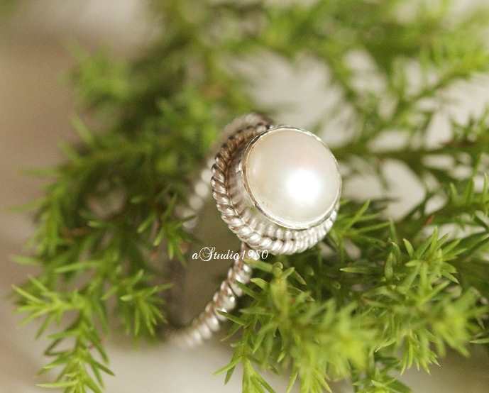 14K white gold pearl ring - dainty gold ring - engagement ring