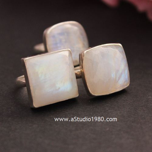 20mm cushion cut rainbow moonstone silver Ring, Handmade gift for her