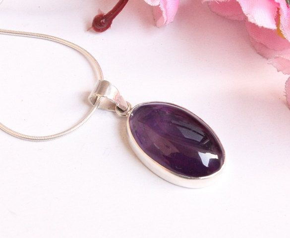 Genuine amethyst pendant necklace, Purple sterling silver jewelry