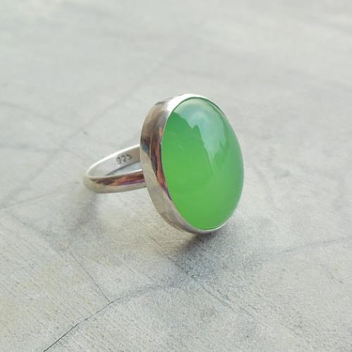 Apple green oval chalcedony ring, Oval gemstone silver ring