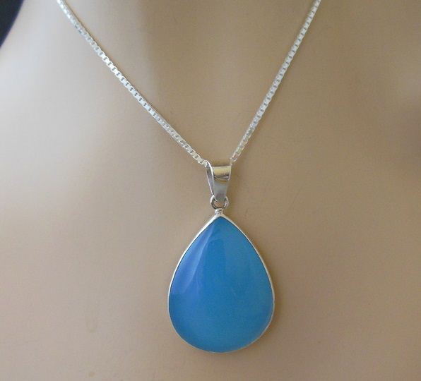 Aqua blue chalcedony pendant necklace, Tear drop silver pendant chain
