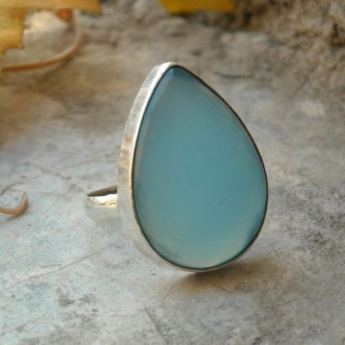 Aqua blue chalcedony ring, Drop gemstone silver handmade ring