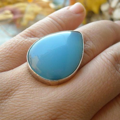 Aqua blue chalcedony ring, Drop gemstone silver handmade ring