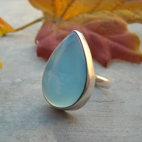 Aqua blue chalcedony ring, Tear drop gemstone handmade silver ring