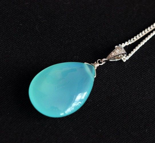 Aqua pendant  - Aqua chalcedony drop silver pendant - Bridal Gift