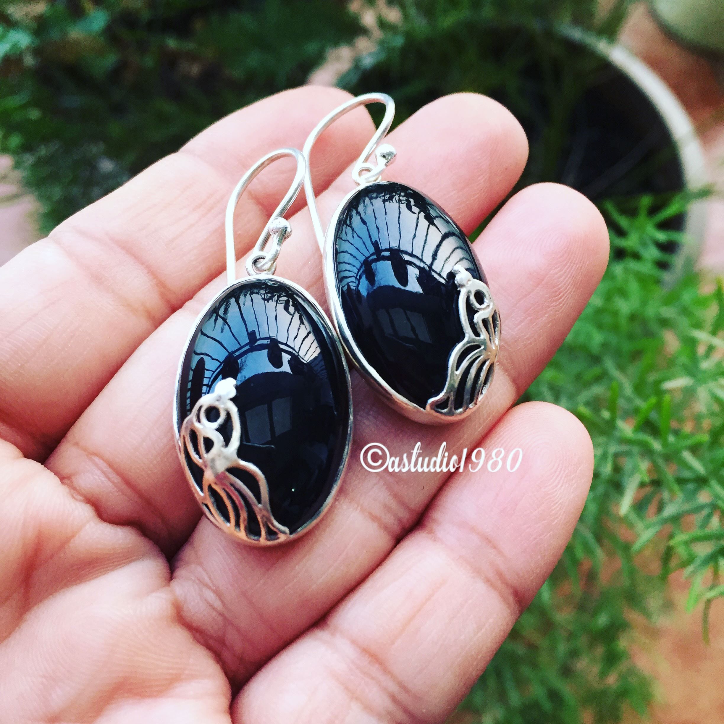 Artisan black onyx earrings Black