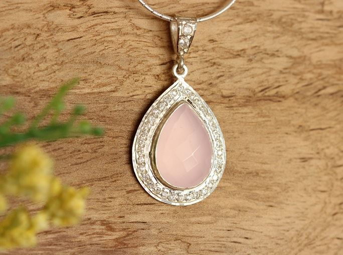 Artisan Bridal pink Pendant - Silver chalcedony drop pendant