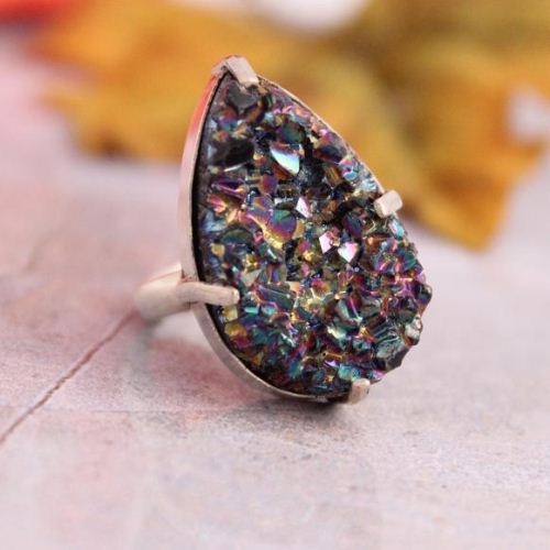 Artisan Druzy Ring, Titanium Druzy quartz silver ring, Big bold