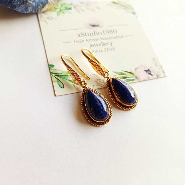 Artisan Gold lapis earrings 18k gold handmade earrings  
