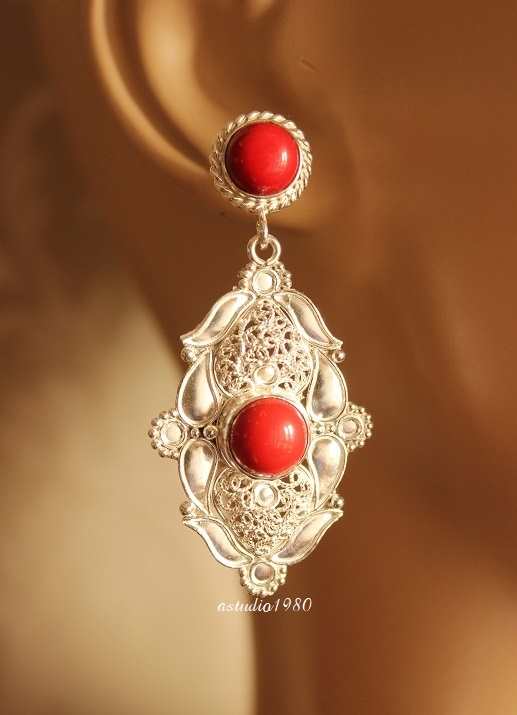Artisan Red Coral earrings handmade sterling silver earrings 