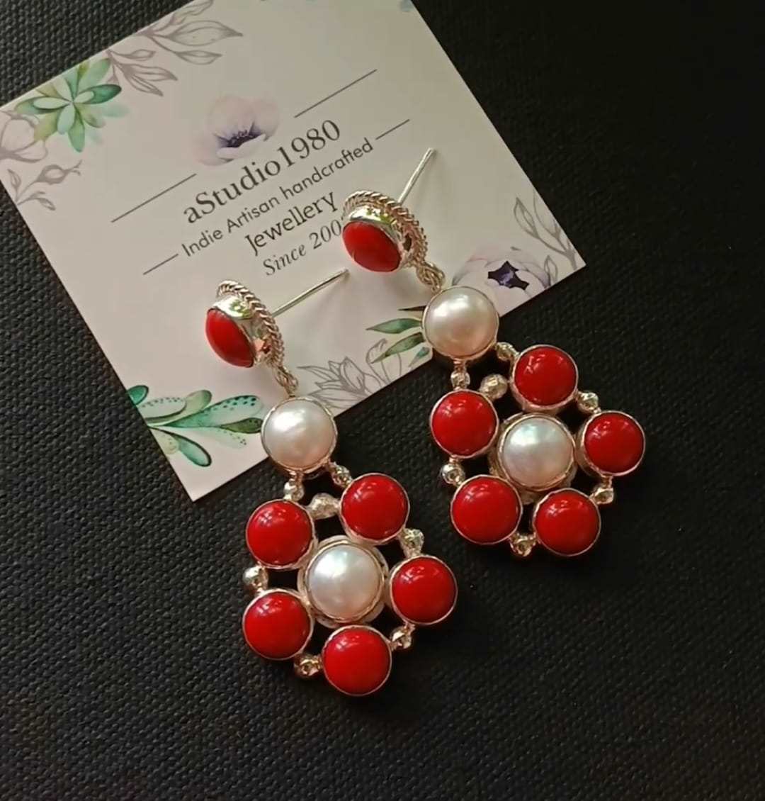 Artisan Red Coral earrings handmade sterling silver earrings 