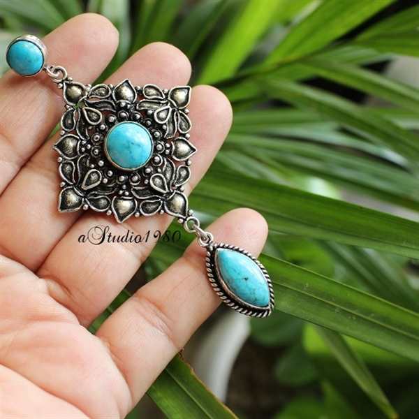 Artisan Turquoise earrings Handmade sterling silver