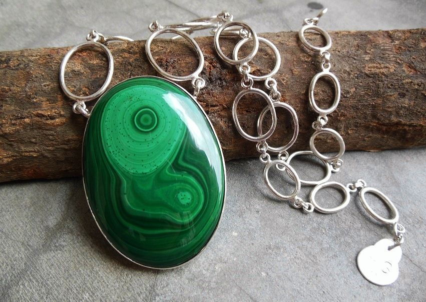 Artisan necklace, Statement malachite silver pendant necklace