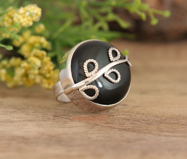 Black obsidian ring, Statement gemstone artisan silver ring