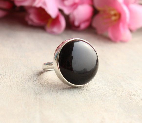 Silver ring - Black ring - Black onyx round ring
