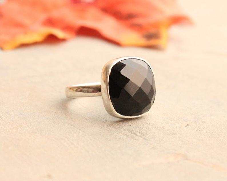 Black onyx ring, Artisan ring, Sterling silver ring, Gemstone ring