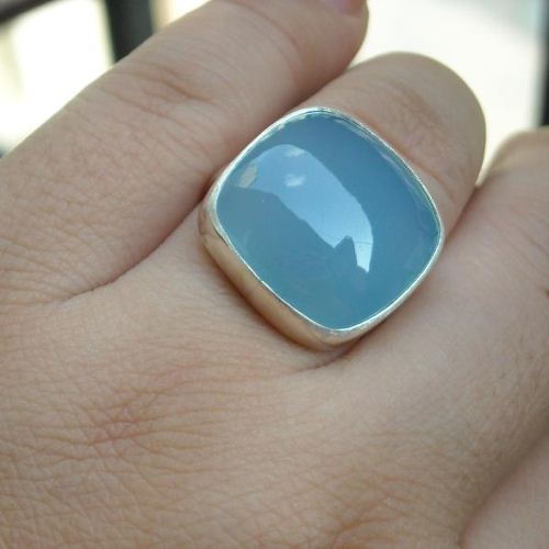 Blue Chalcedony Jewelry, Aqua blue Chalcedony silver ring, Cushion cut