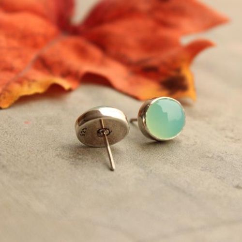 Blue Chalcedony earrings, Aqua stud earrings, Oval silver earrings