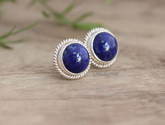 Blue lapis stud earrings for women, Cute unique stud earrings silver