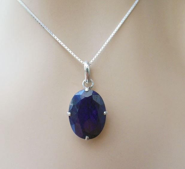 Blue sapphire gemstone pendant chain silver - September birthstone gift