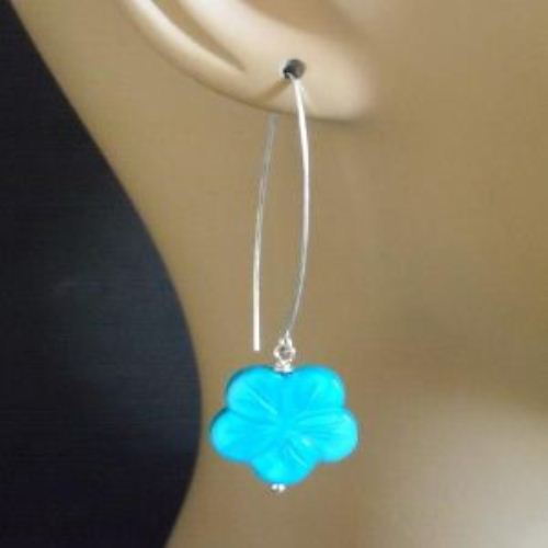 Blue sky sterling silver carved mother of pearl flower earrings