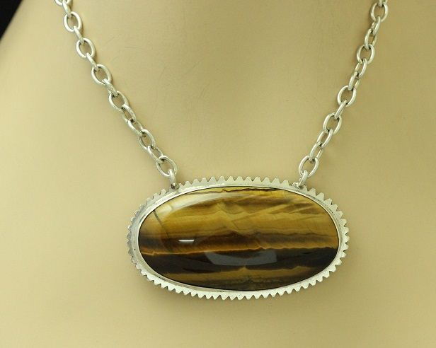 Bold tiger eye pendant, Large oval brown gemstone silver jewelry