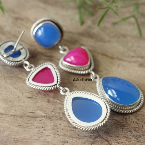 Bridal Blue pink earrings, Blue gemstone chalcedony silver earrings