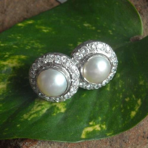 Bridal Pearl earrings, Pearl stud silver cz artisan earrings
