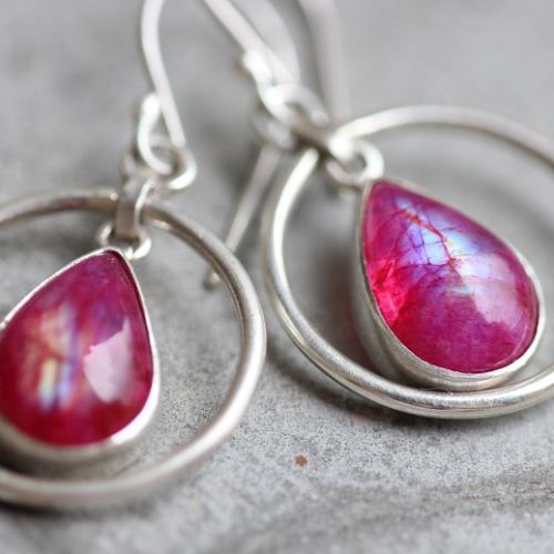 Bridal Pink Rainbow moonstone earrings, Silver dangler earrings