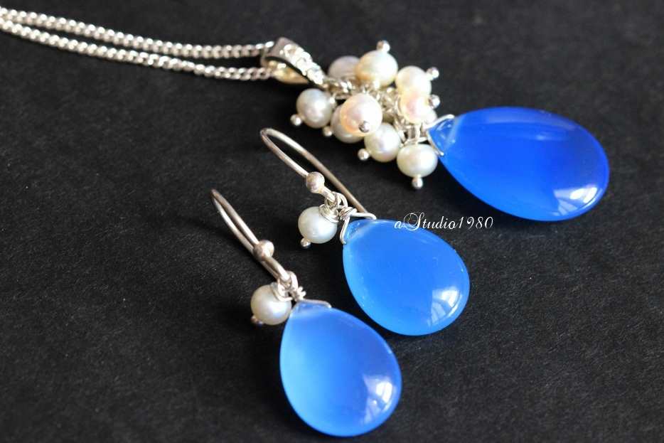 Bridal jewelry -Blue chalcedony pendant set - pearl jewelry - wed