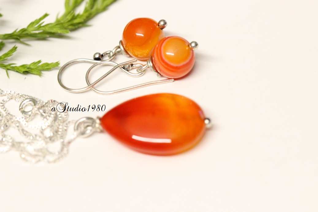 Bridesmaid gift - Orange pendant- silver jewelry set - jewelry 