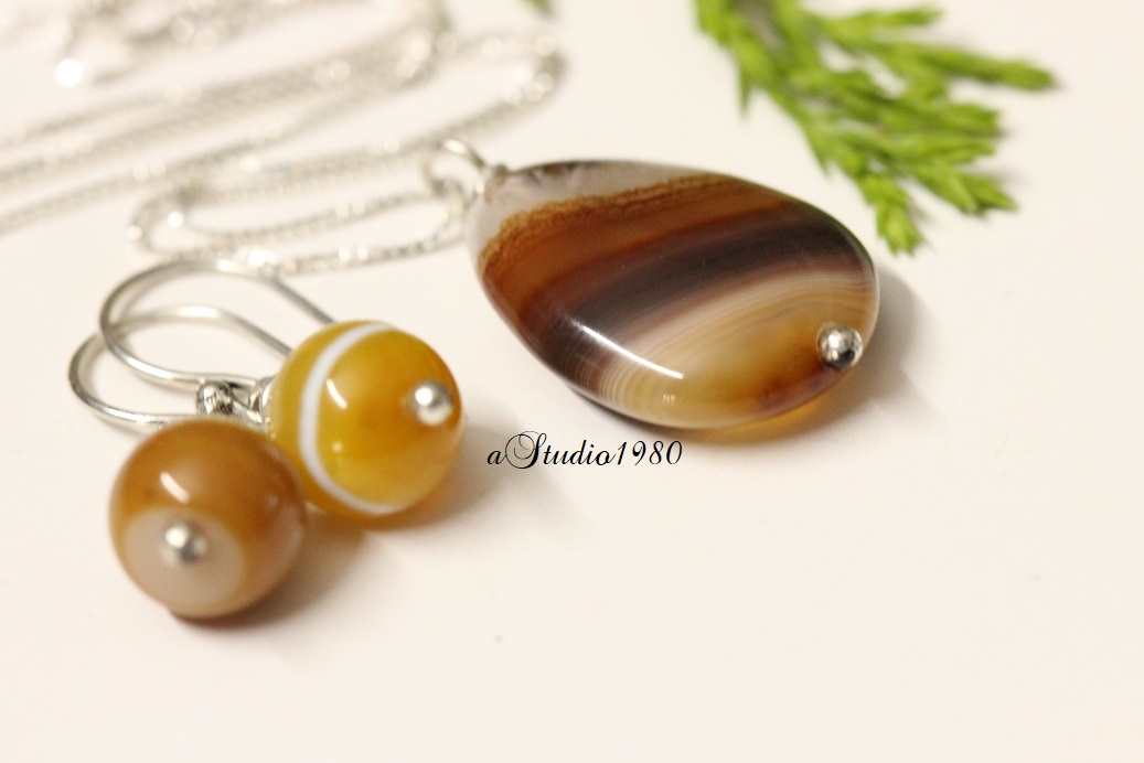 Bridesmaid gift - brown pendant- silver jewelry set - jewelry 