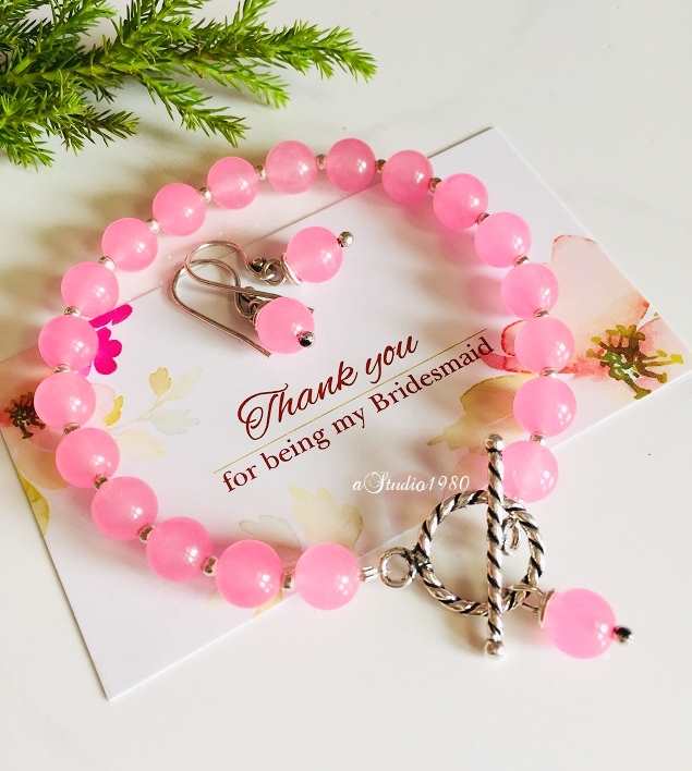Bridesmaid gift - pink bracelet - earrings - Silver  set