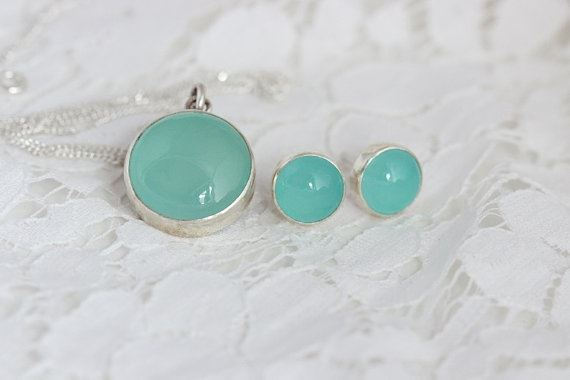 Aqua chalcedony pendant earrings set - 925 silver