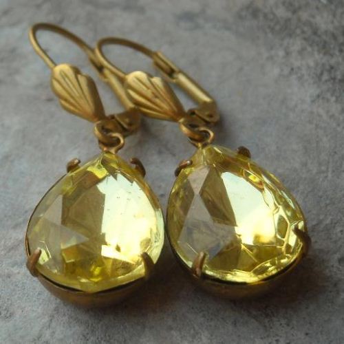 Canary jonquil vintage crystal jewel vintage brass Earrings