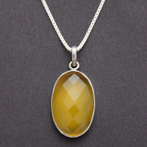 Canary yellow pendant, Oval pendant necklace, Chalcedony silver pendant