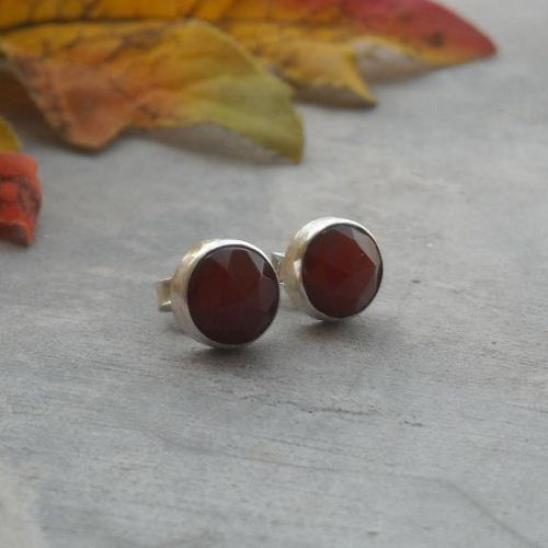 Carnelian stud earrings, 8mm gemstone silver stud, Red ear studs
