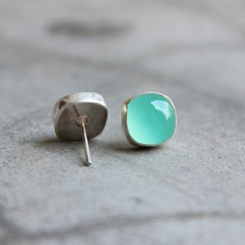 Chalcedony Studs, Aqua stud earrings, Chalcedony silver earrings