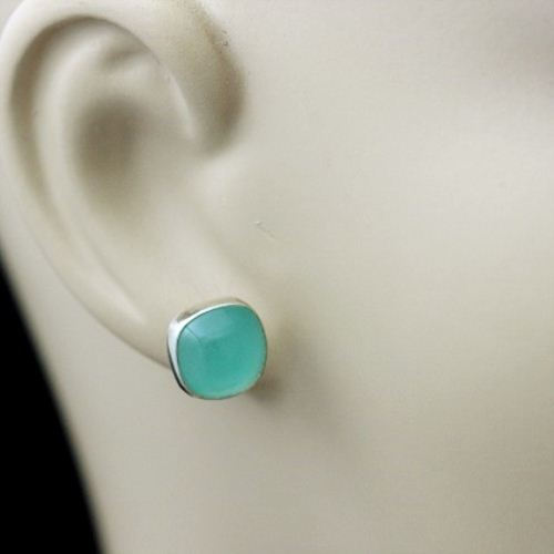 Chalcedony Studs, Aqua stud earrings, Chalcedony silver earrings