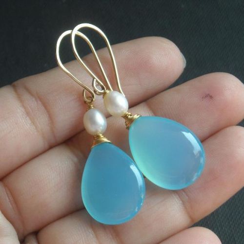 Chalcedony drop earrings - Aqua earrings - 14k gold filled earrings