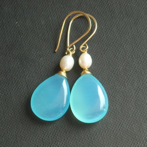 Chalcedony drop earrings - Aqua earrings - 14k gold filled earrings