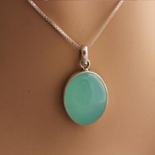 Chalcedony pendant necklace - Oval aqua blue silver pendant chain