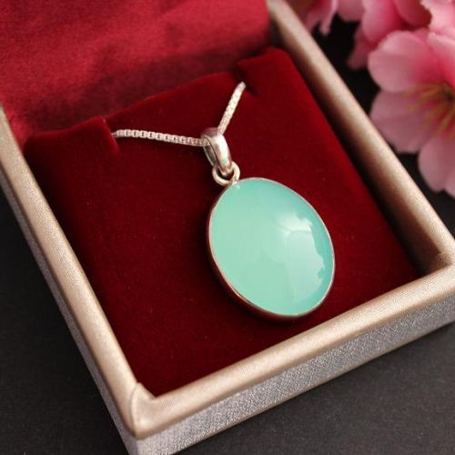 Chalcedony pendant necklace - Oval aqua blue silver pendant chain