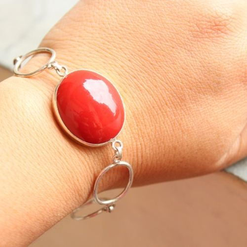 Coral bracelet, Sterling silver bracelet, Artisan handmade jewelry 
