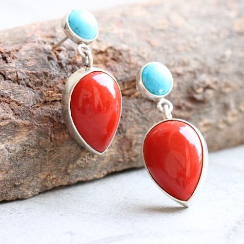 Red Coral turquoise silver pendant earrings set, Artisan set