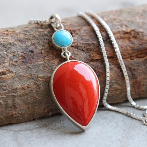Red Coral turquoise silver pendant earrings set, Artisan set