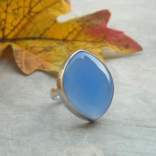 Dark blue chalcedony ring, Marquise shaped artisan silver ring