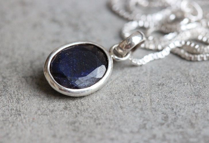 Dark blue sapphire silver necklace, Handmade silver jewelry
