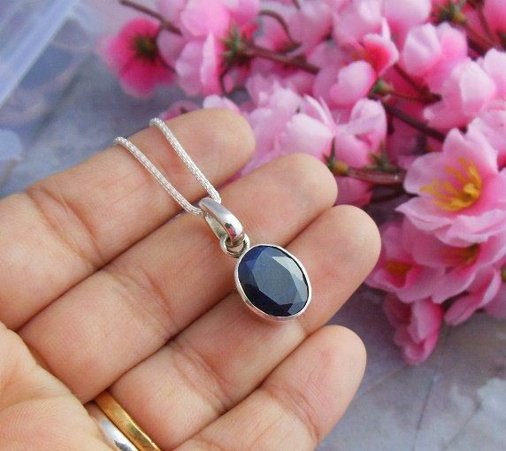Dark blue sapphire pendant necklace, Silver oval pendant