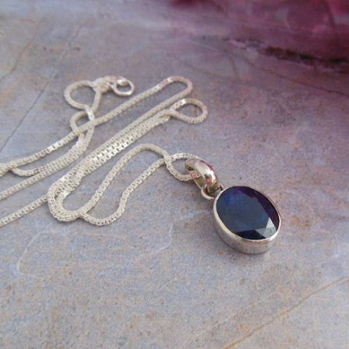 Dark blue sapphire pendant necklace, Silver oval pendant